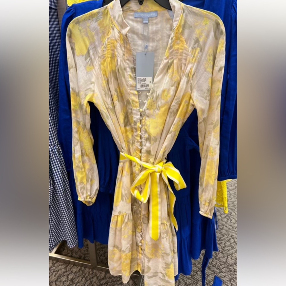 Antonio Melani Dress Yellow watercolor print Spring Lined Puff Sleeve layered